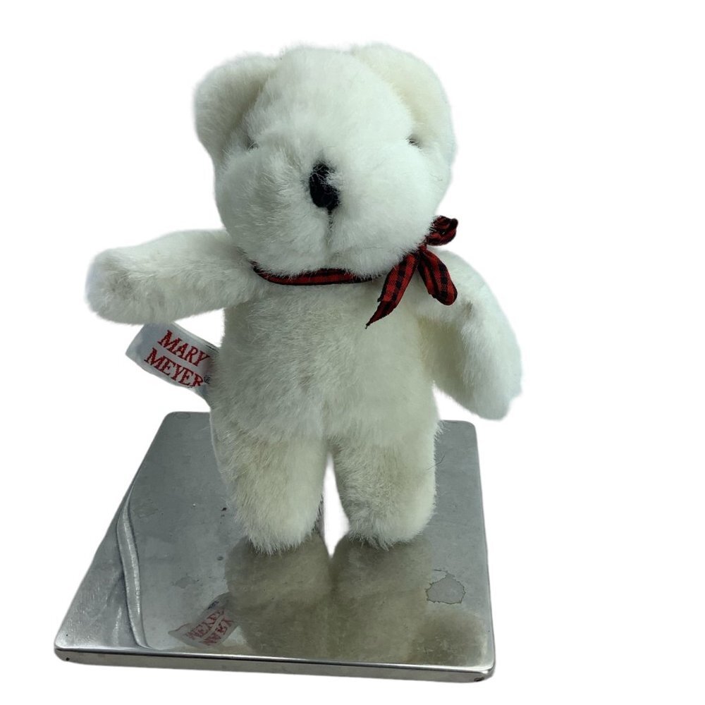 Vtg Mary Meyer Tippy Toes Finger Puppet White Teddy Bear Plush Animal 6" Red Bow